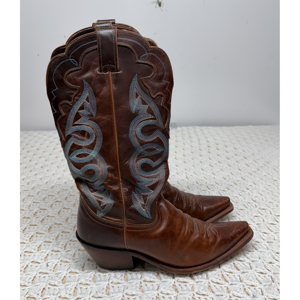 Justin Leather Boots Women's size 8.5 B Brown Blue Embroidered Western L4331